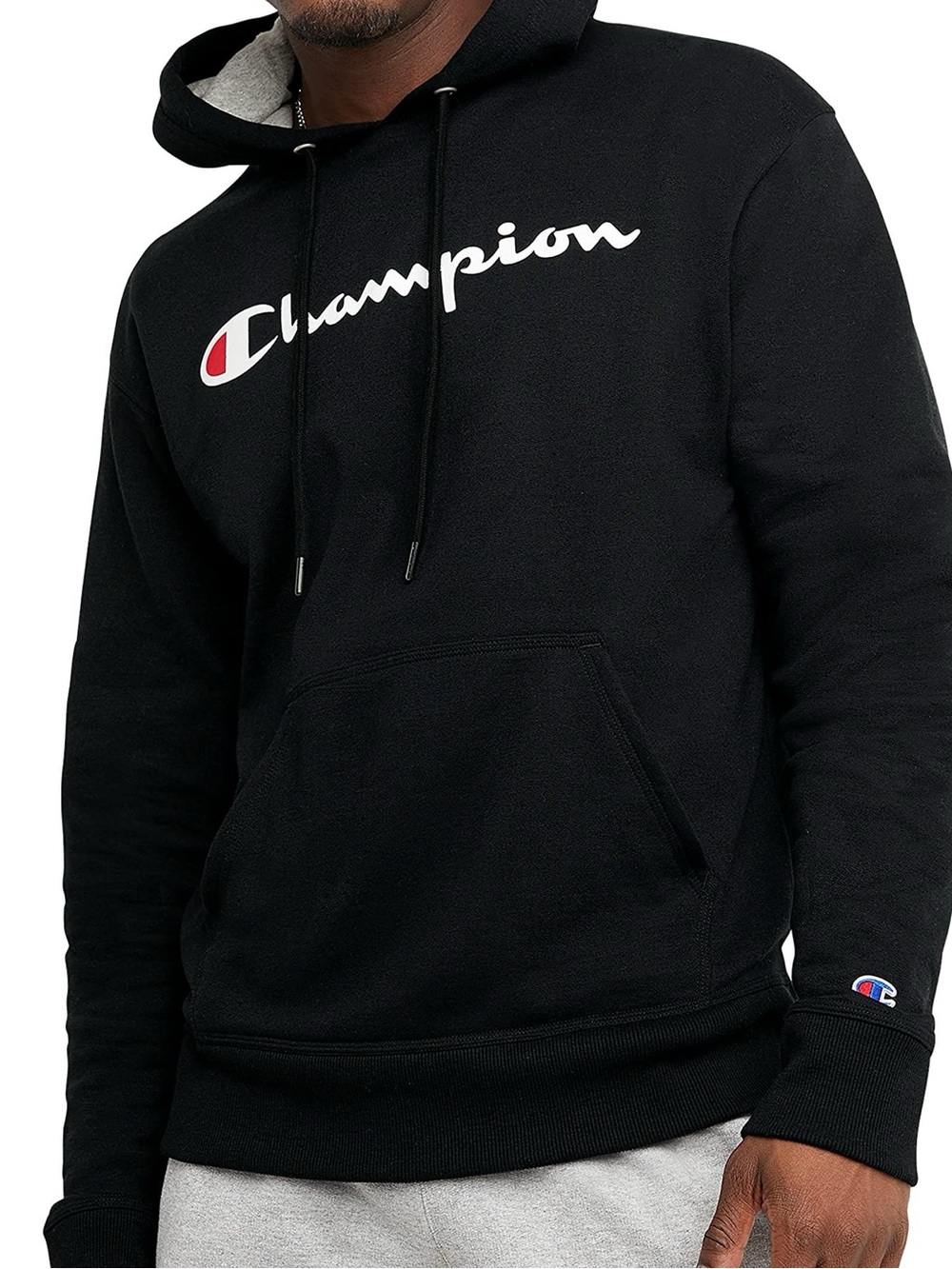 Champion Black Pullover Hoodie with White Script and Red Emblem